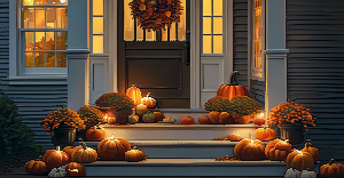An inviting autumn porch decorated with orange and yellow string lights, pumpkins, and fallen leaves under a sunset.