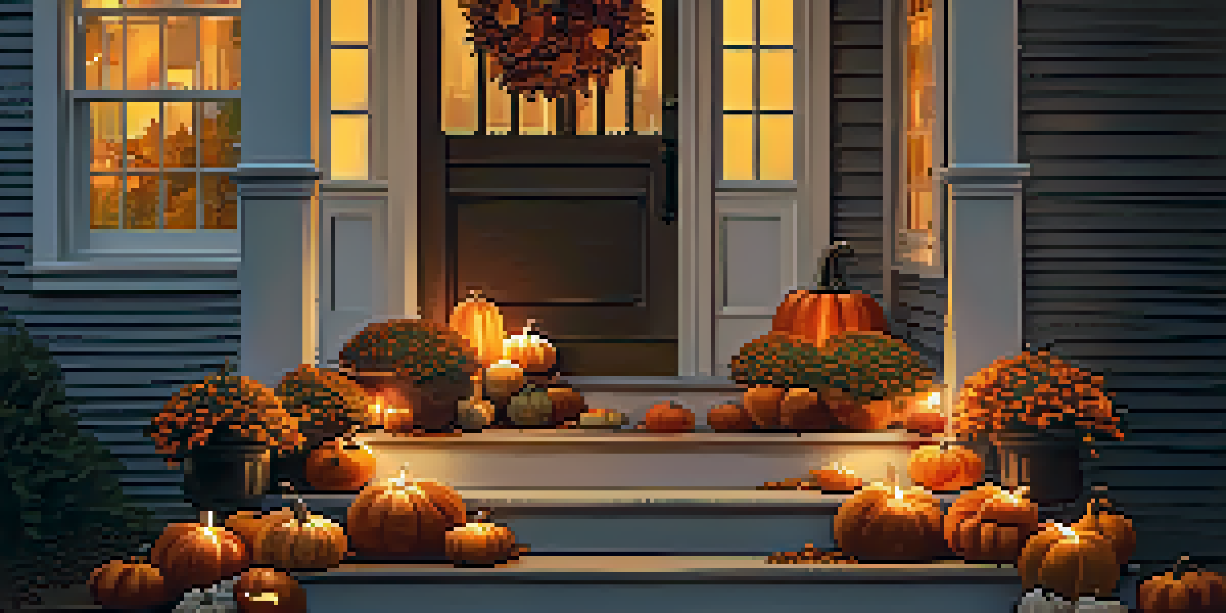 An inviting autumn porch decorated with orange and yellow string lights, pumpkins, and fallen leaves under a sunset.