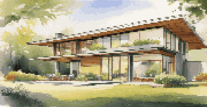 A modern energy-efficient home with triple-glazed windows, solar panels, and lush greenery under warm sunlight.