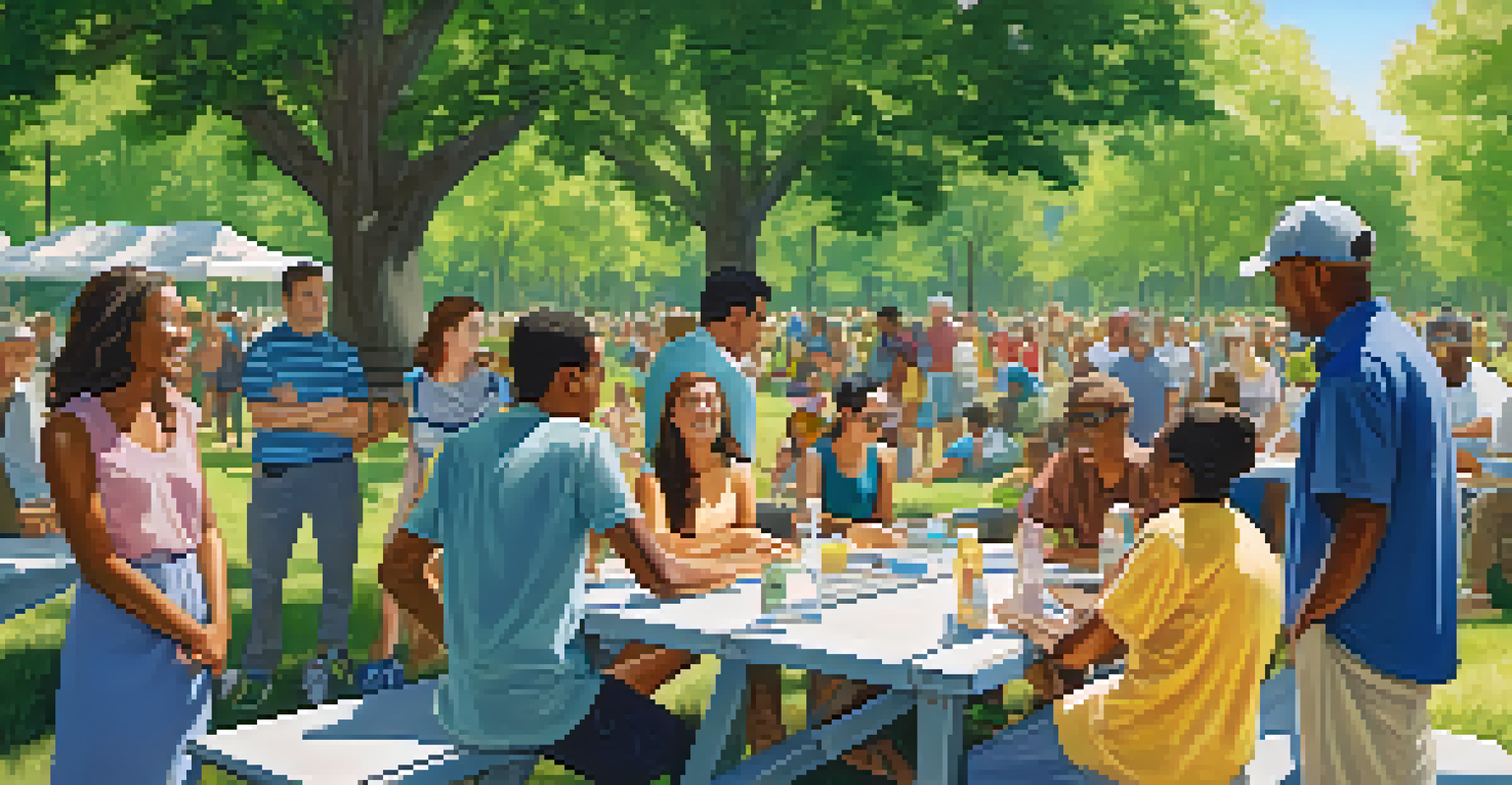 Residents gathered in a park for a community meeting about neighborhood safety, with charts and maps on a picnic table amidst greenery and a blue sky.
