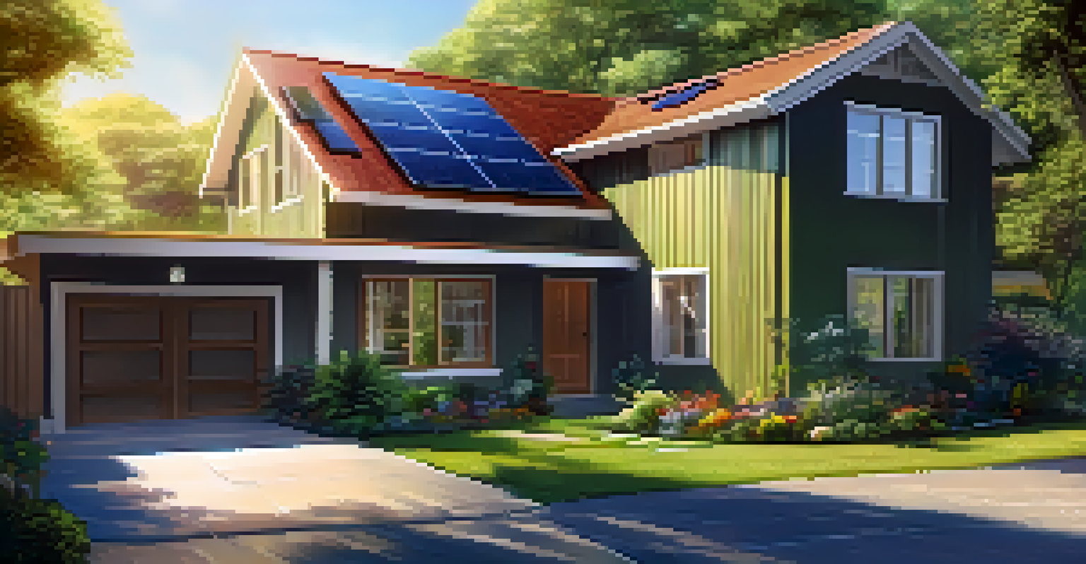A house with solar panels on the roof, surrounded by greenery under a clear blue sky, representing renewable energy.