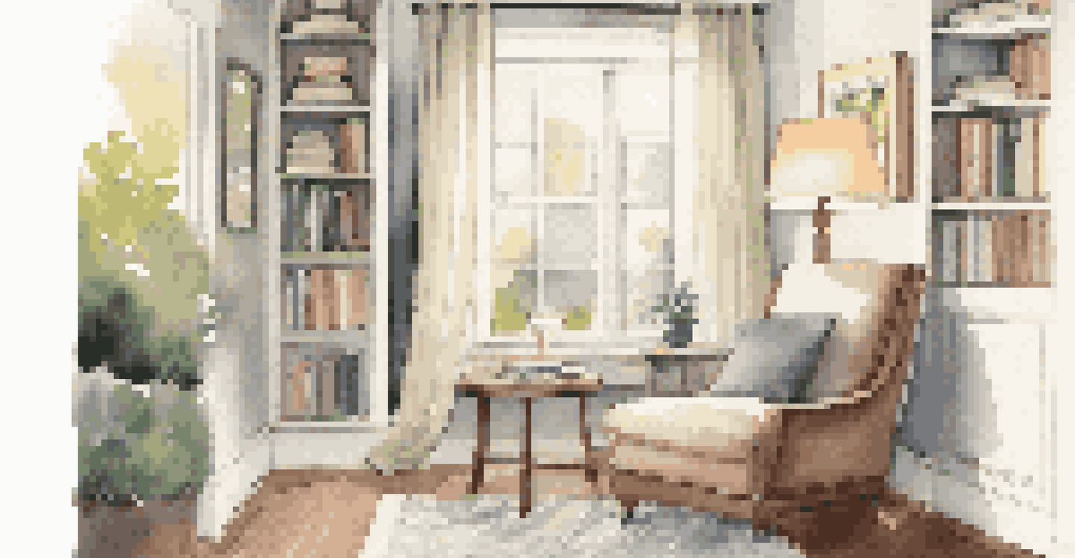 A distraction-free reading nook with noise-canceling headphones, an inviting armchair, and personal touches like artwork and family photos, illuminated by soft lighting.