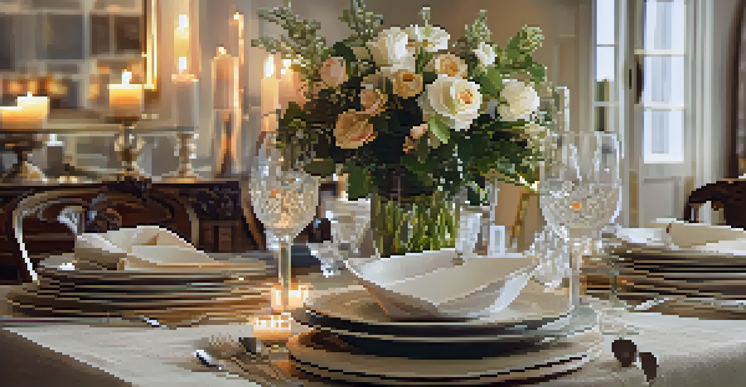 A dining table elegantly set for an open house with beautiful tableware and a floral centerpiece, creating a warm atmosphere.