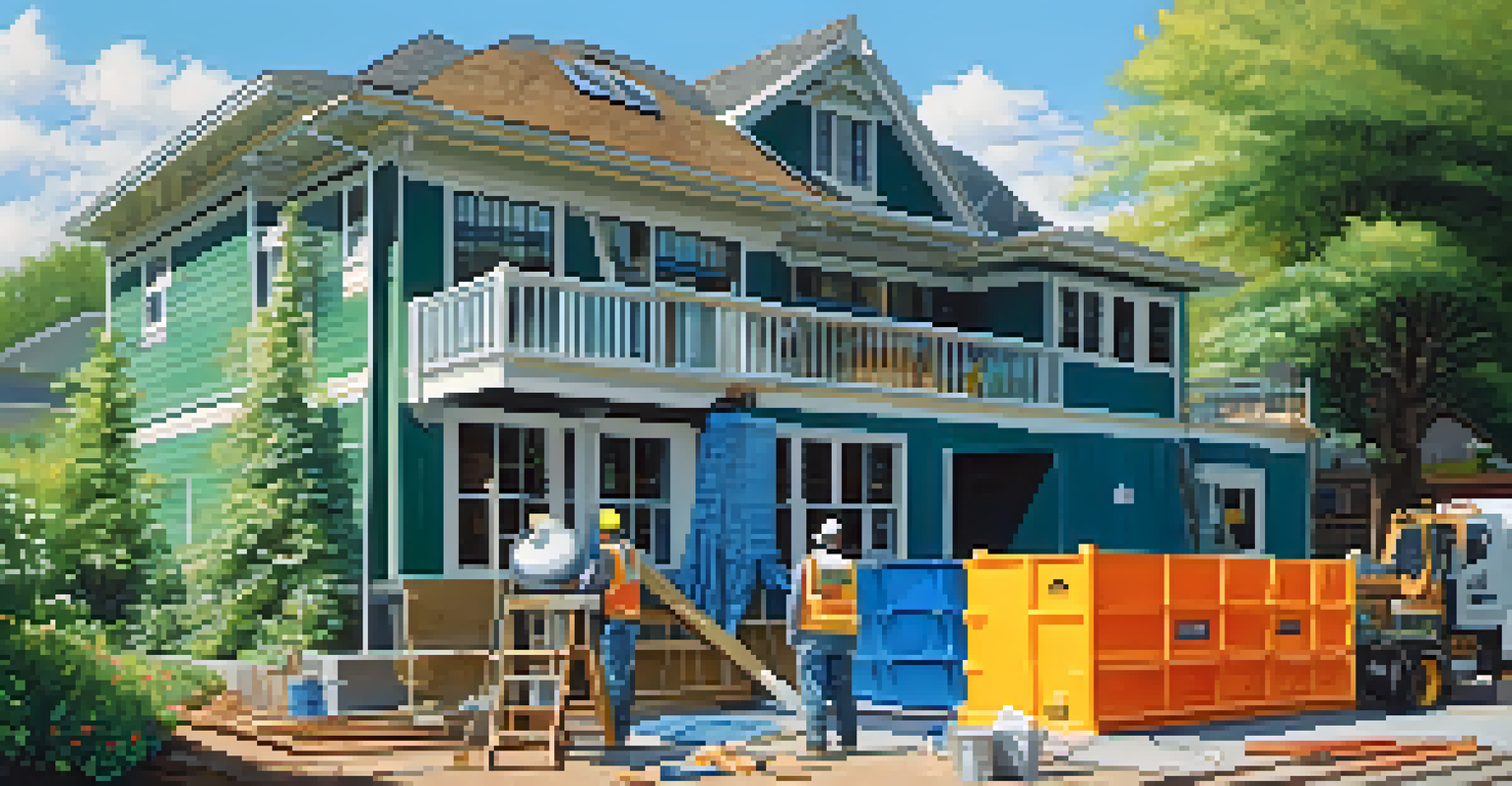 An outdoor view of a house under renovation, featuring scaffolding, workers painting the exterior, and a dumpster filled with construction debris, set against a clear blue sky.