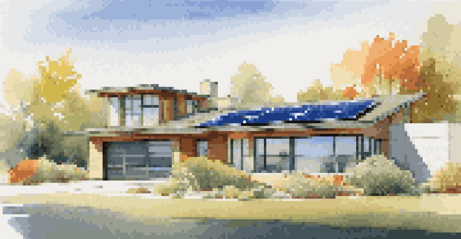 A modern home with solar panels, energy-efficient windows, and vibrant landscaping under a clear blue sky, emphasizing sustainability.