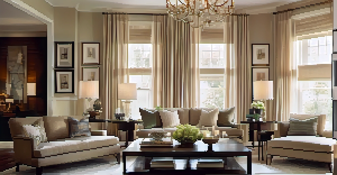 A cozy living room with a central chandelier, table lamps, and wall sconces, decorated with soft furnishings and natural light.