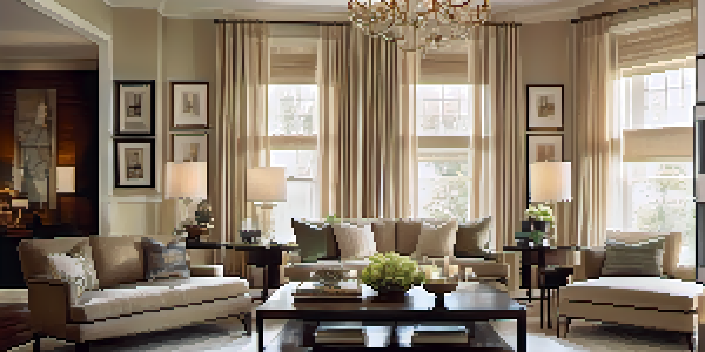 A cozy living room with a central chandelier, table lamps, and wall sconces, decorated with soft furnishings and natural light.