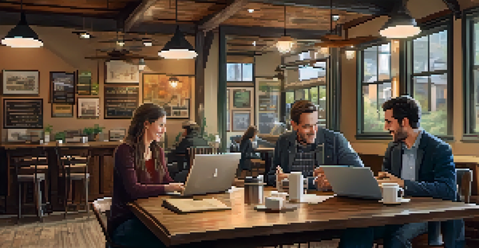 Two real estate professionals having a conversation at a small table in a cozy coffee shop.