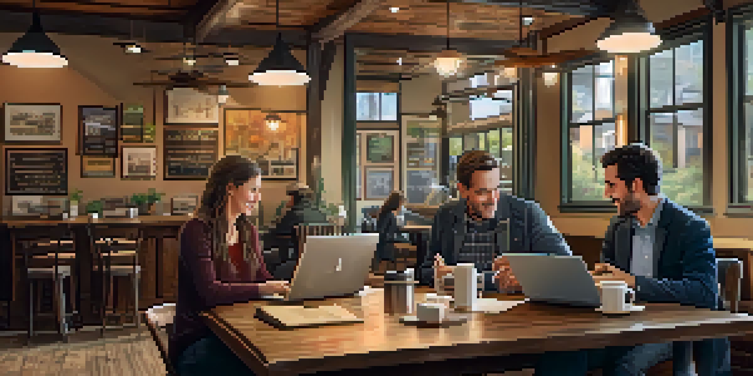 Two real estate professionals having a conversation at a small table in a cozy coffee shop.