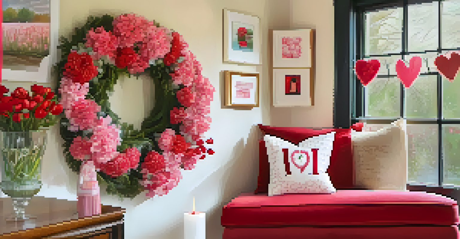 A love-themed entryway decorated with a heart-shaped wreath, red and pink accents, and framed photos.