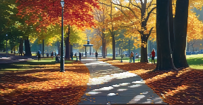 A peaceful park in autumn with colorful leaves, a winding path, and people strolling.