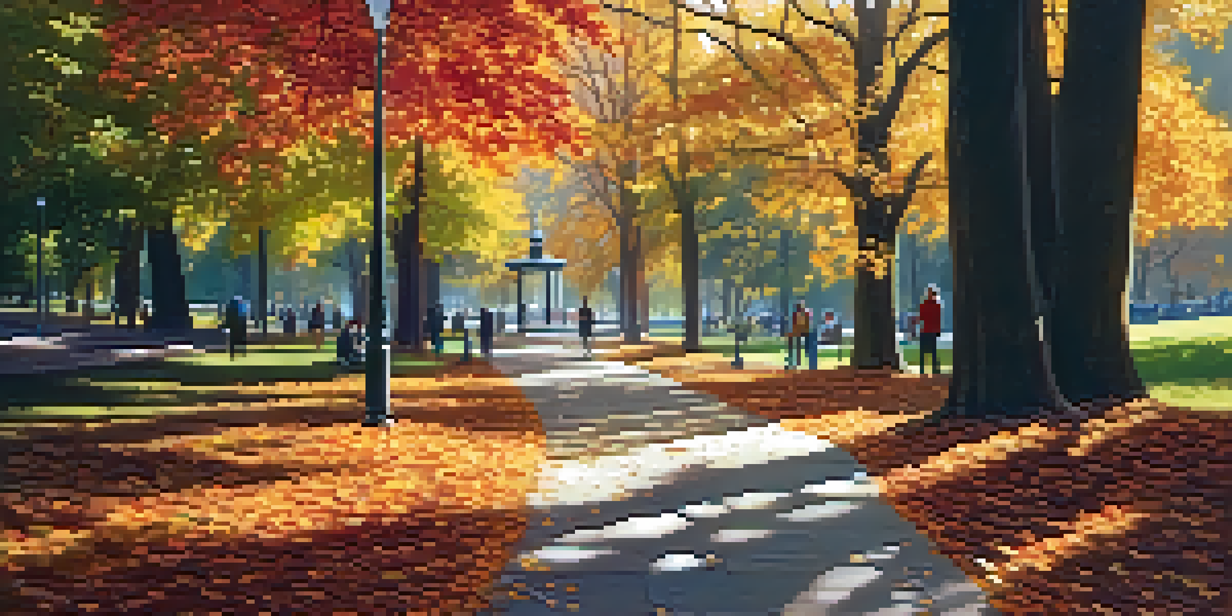 A peaceful park in autumn with colorful leaves, a winding path, and people strolling.