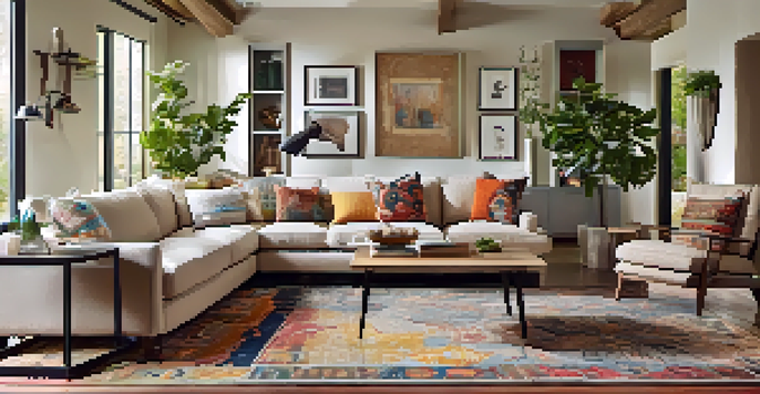 A bright living room with a vintage rug, modern coffee table, and a neutral sofa, showcasing a blend of styles.