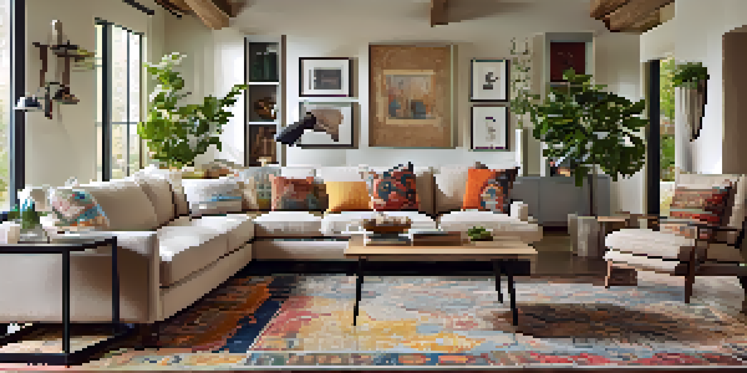 A bright living room with a vintage rug, modern coffee table, and a neutral sofa, showcasing a blend of styles.