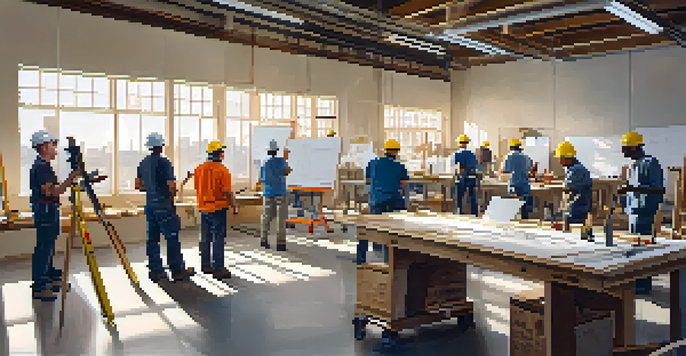 A group of contractors participating in a training workshop, discussing construction techniques in a well-lit room with modern tools and a whiteboard in the background.