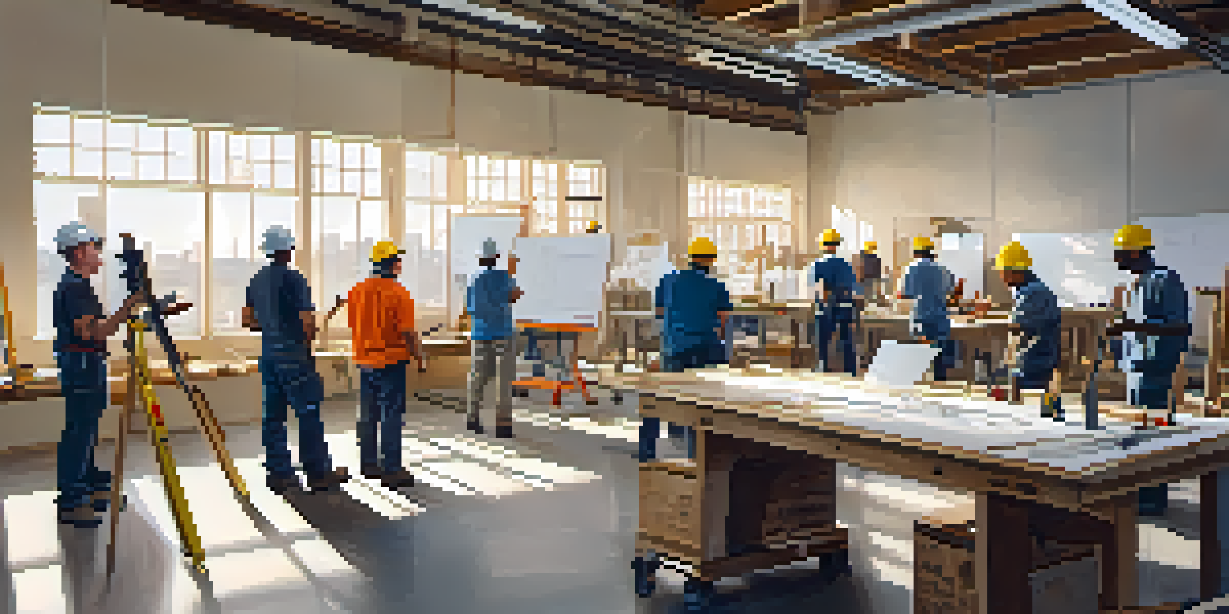 A group of contractors participating in a training workshop, discussing construction techniques in a well-lit room with modern tools and a whiteboard in the background.