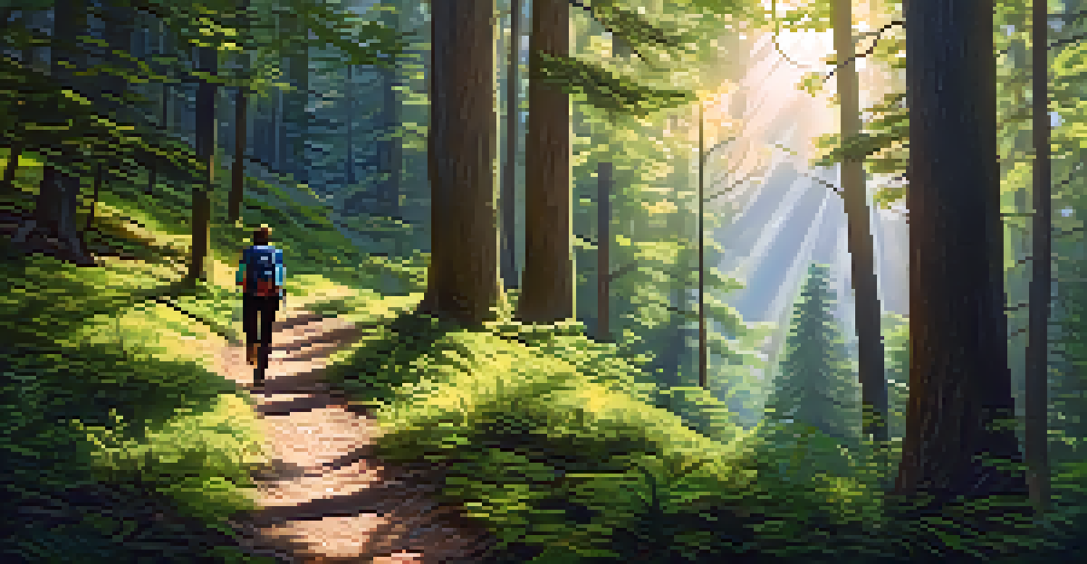 A hiker on a forest trail using a smartwatch, with sunlight filtering through the trees and a GPS tracker on their backpack.