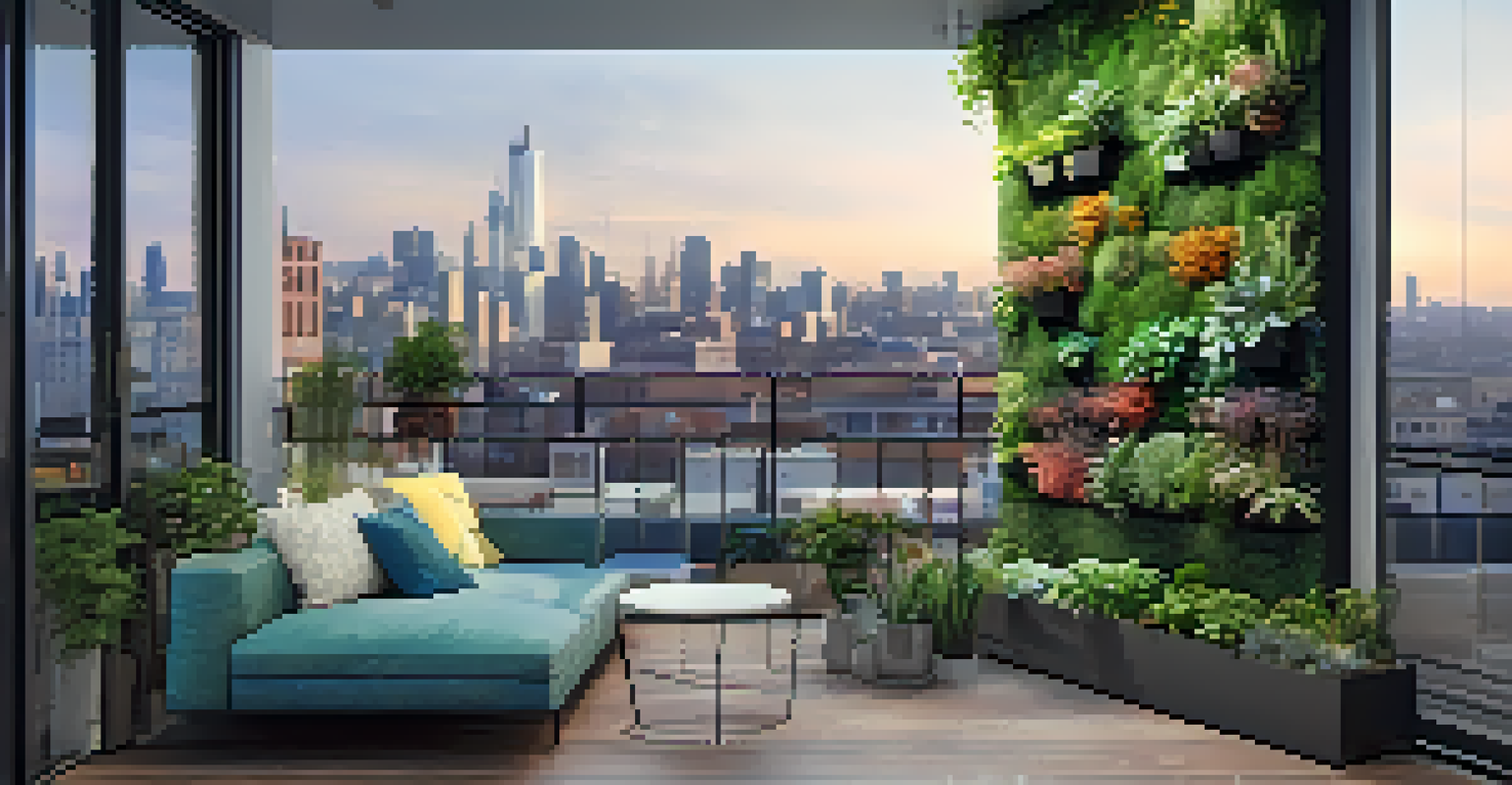 A vertical garden on a balcony filled with colorful plants and herbs against the backdrop of a city skyline, representing urban sustainability.