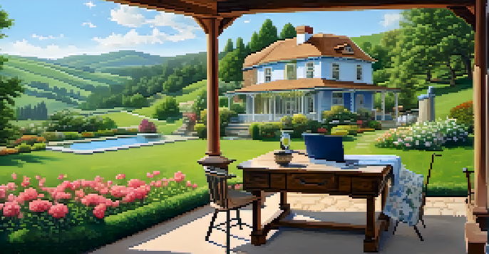 A peaceful rural setting with a charming house and a remote worker using a laptop outdoors, surrounded by flowers and greenery.