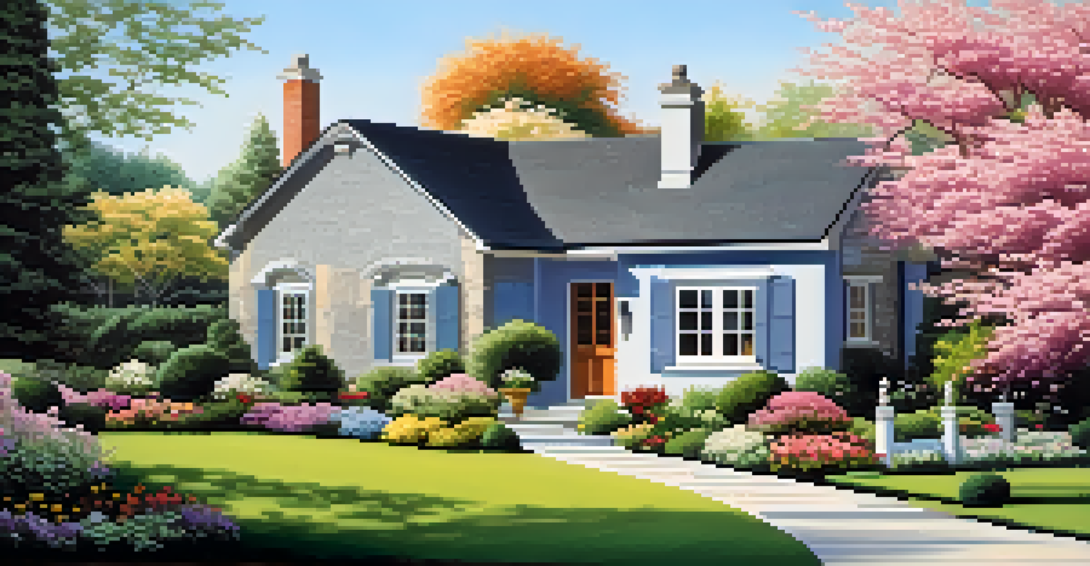 A modern home surrounded by a beautiful garden with blooming flowers and a clear blue sky.