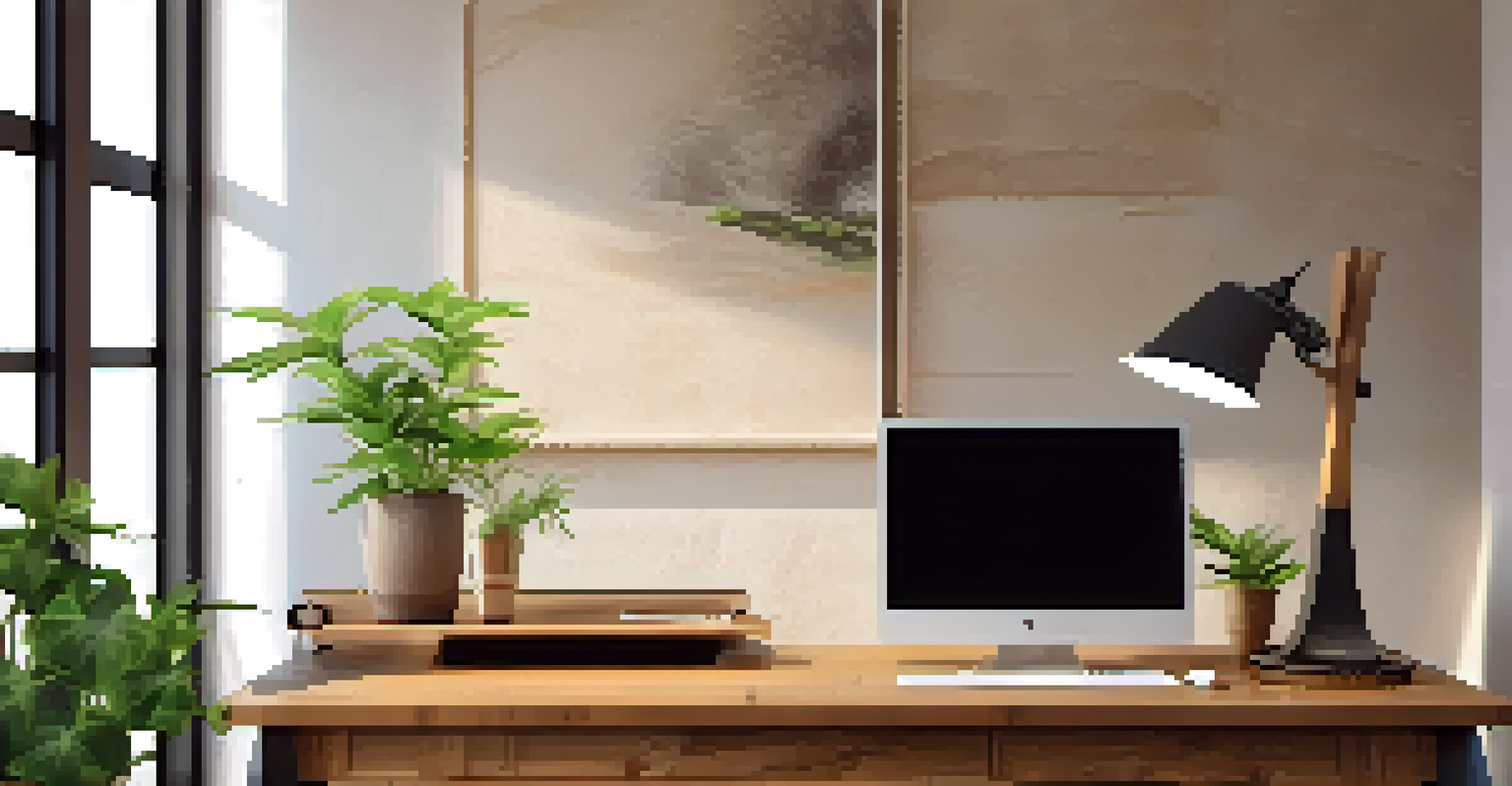 A close-up of eco-friendly furniture including a bamboo chair and a recycled metal lamp, set in a warm-lit home office.