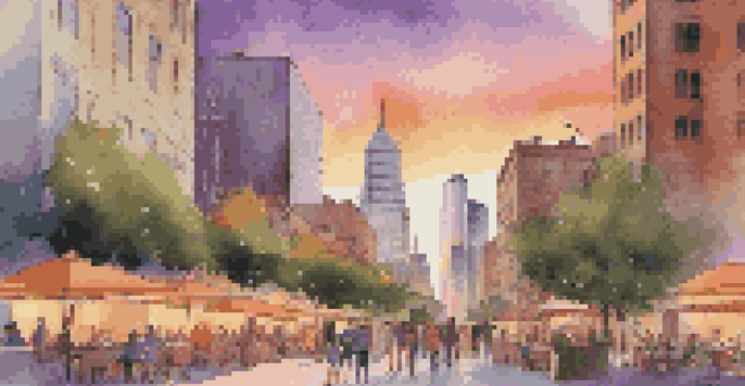 A vibrant urban skyline during sunset with modern skyscrapers and historical buildings, people enjoying outdoor cafes, and colorful skies.