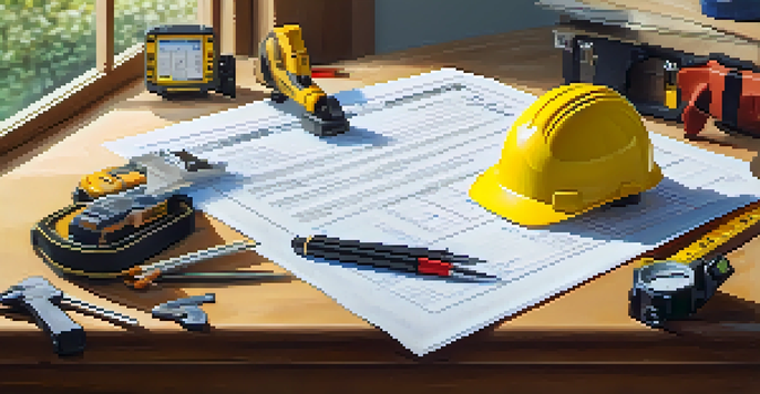An inspection checklist displayed on a wooden table, surrounded by construction tools including a hard hat and measuring tape, illuminated by sunlight.