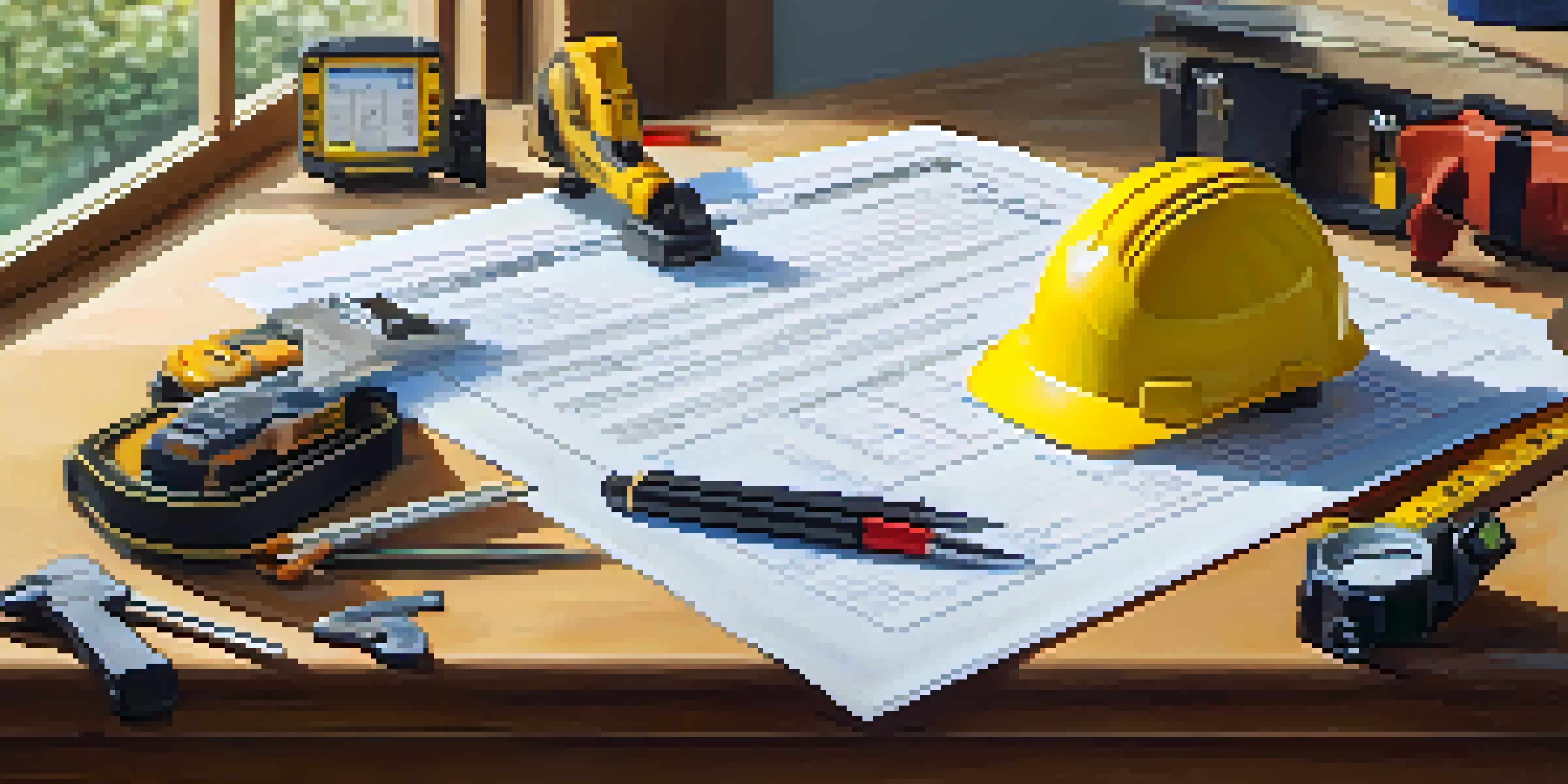 An inspection checklist displayed on a wooden table, surrounded by construction tools including a hard hat and measuring tape, illuminated by sunlight.
