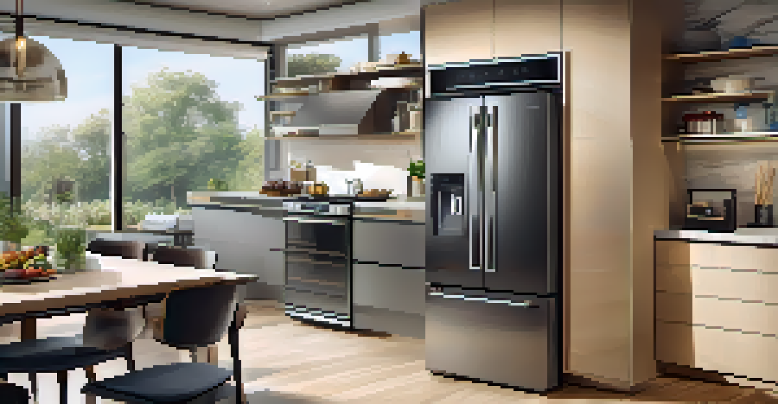 A modern kitchen filled with home automation devices such as a smart refrigerator and appliances, with automated blinds and morning sunlight streaming in.