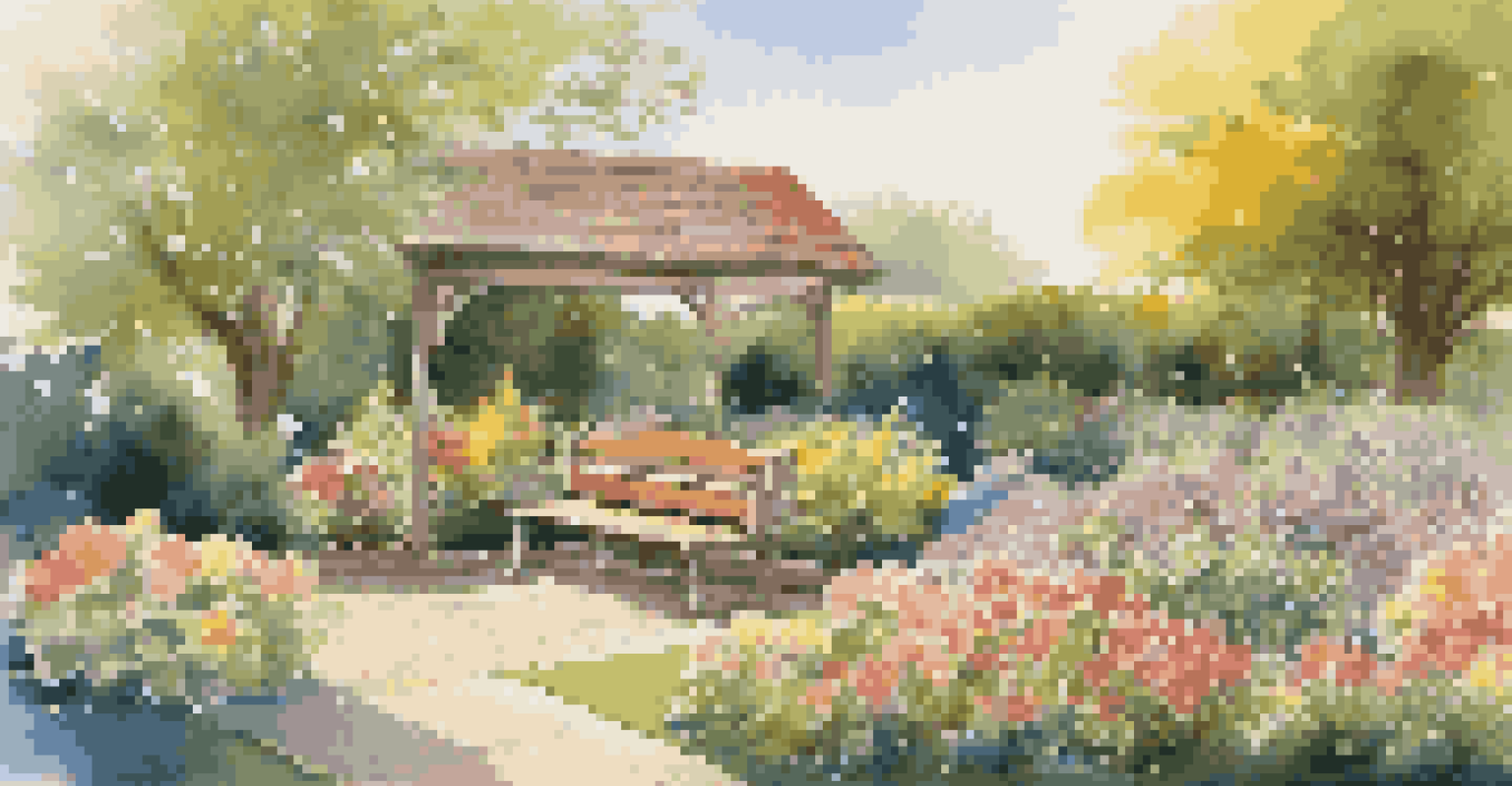A beautiful spring garden with blooming flowers, a trimmed lawn, and a wooden bench under a clear blue sky.