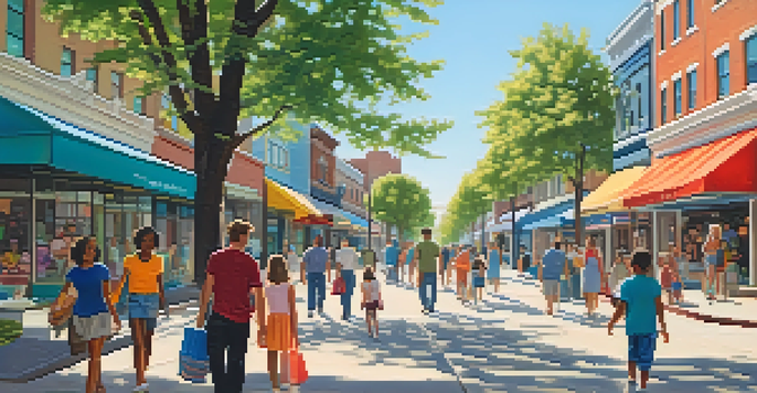 A lively shopping district with families and diverse individuals enjoying their day, modern buildings, and colorful storefronts under bright sunlight.