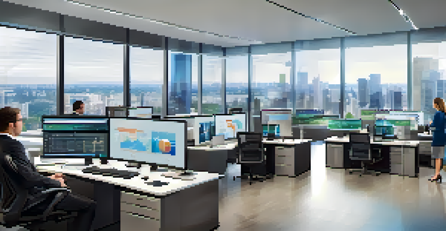 A modern real estate office with investors analyzing demographic data on screens, featuring a sleek design and city view.