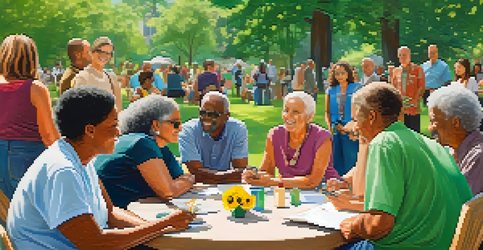 A diverse group of homeowners having a community meeting in a sunny park, surrounded by greenery and flowers.