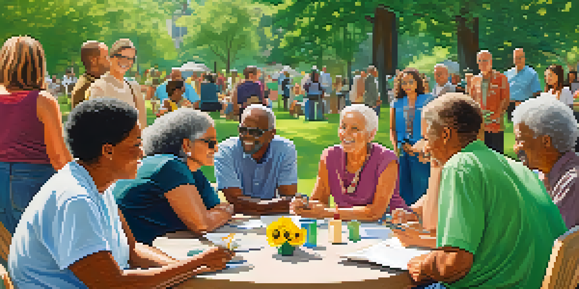 A diverse group of homeowners having a community meeting in a sunny park, surrounded by greenery and flowers.