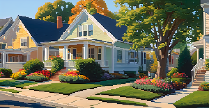 A picturesque suburban neighborhood with beautiful homes, green lawns, and colorful flower gardens under a golden sunset.
