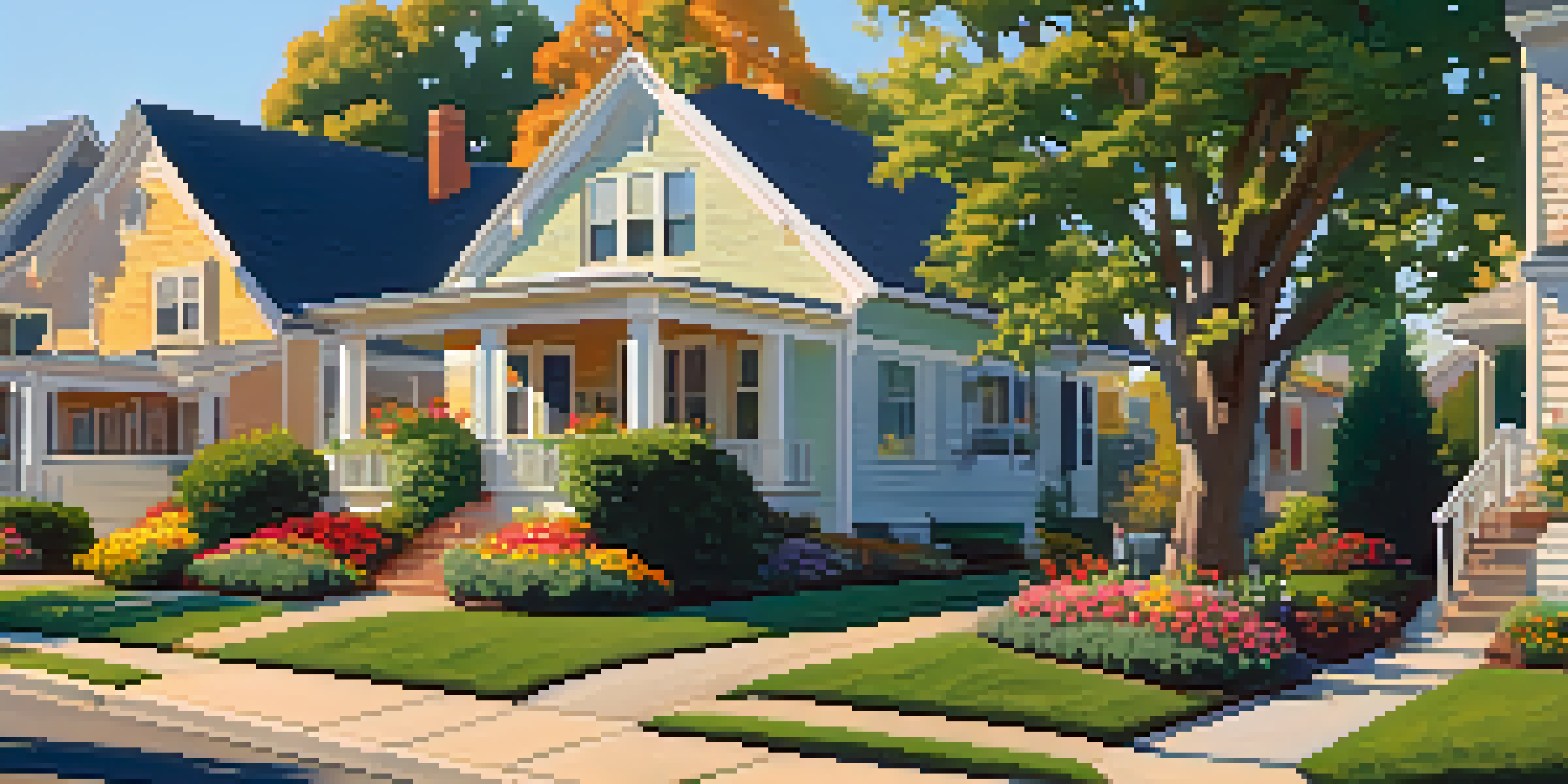 A picturesque suburban neighborhood with beautiful homes, green lawns, and colorful flower gardens under a golden sunset.