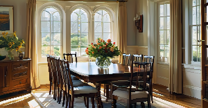 A wooden dining table with a vase of flowers in a sunlit room, highlighting craftsmanship and natural light.