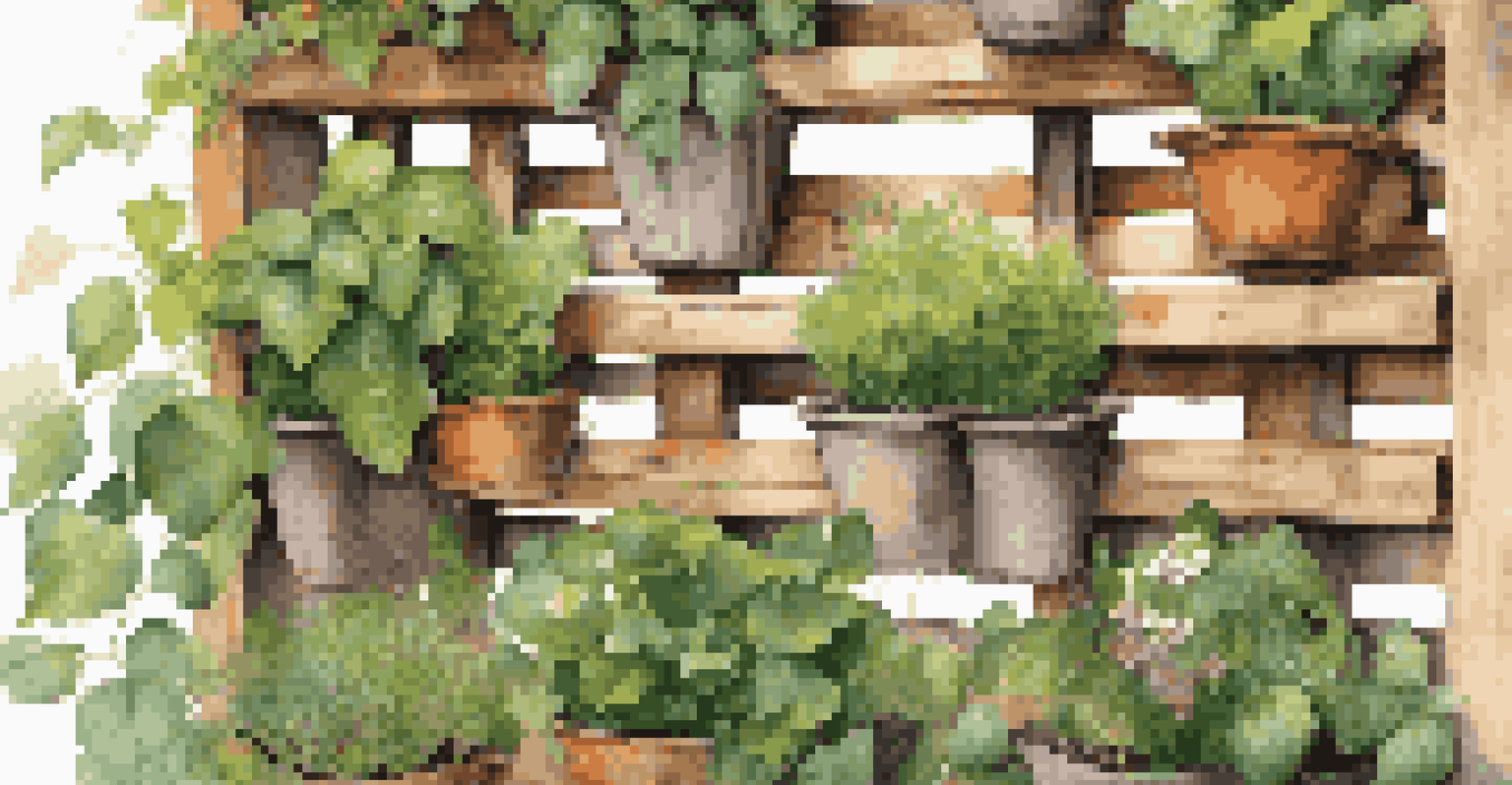 A close-up view of a vertical garden using wooden pallets, showcasing climbing plants and flowers in soft morning light.