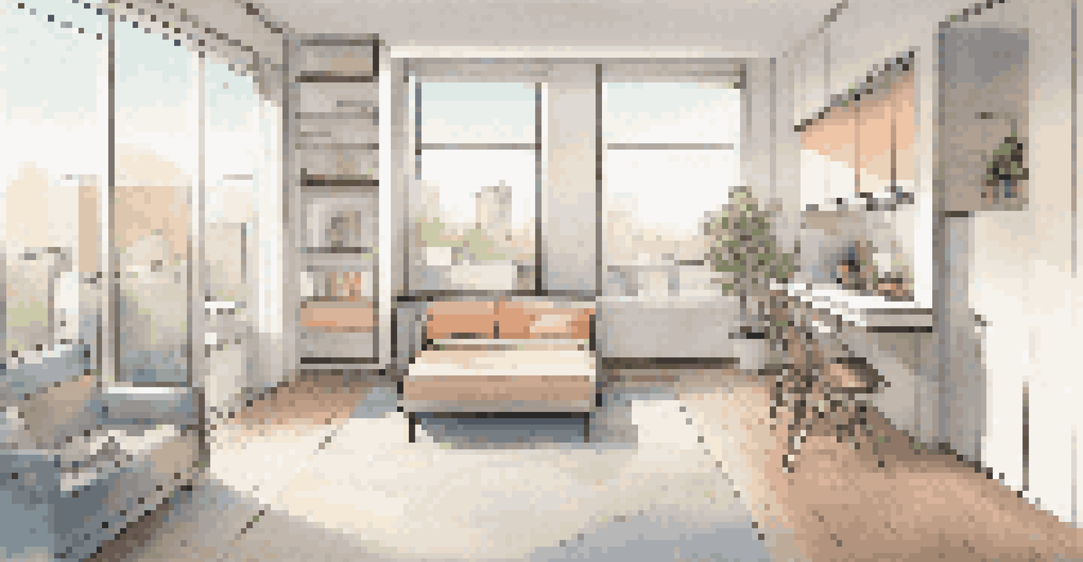 A compact urban apartment with a murphy bed folded into the wall, creating a spacious living area with modern furniture.
