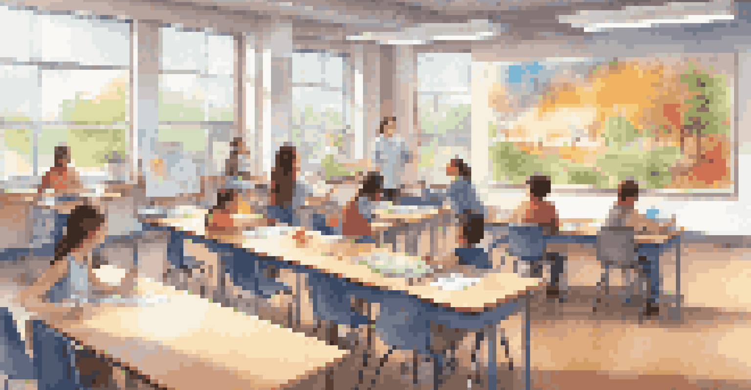A bright and spacious classroom with students engaged in a group project, featuring modern learning tools and colorful educational decor.
