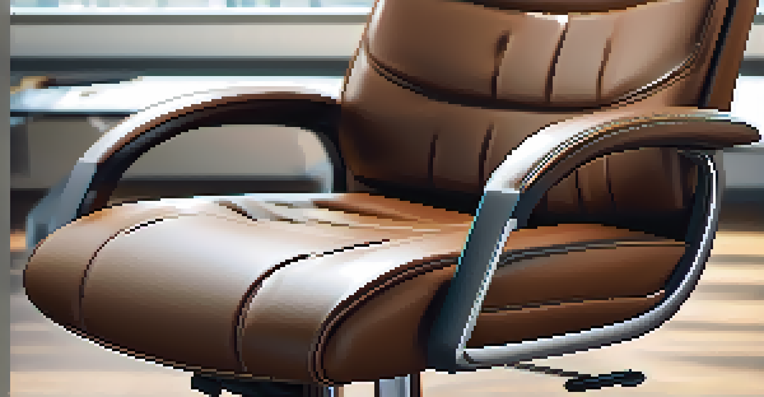 Close-up of office chair materials, featuring breathable mesh and luxurious leather textures under soft lighting.