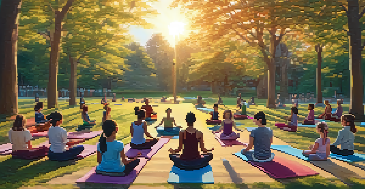 A serene outdoor yoga class in a park during sunset, with participants practicing on colorful mats surrounded by trees.
