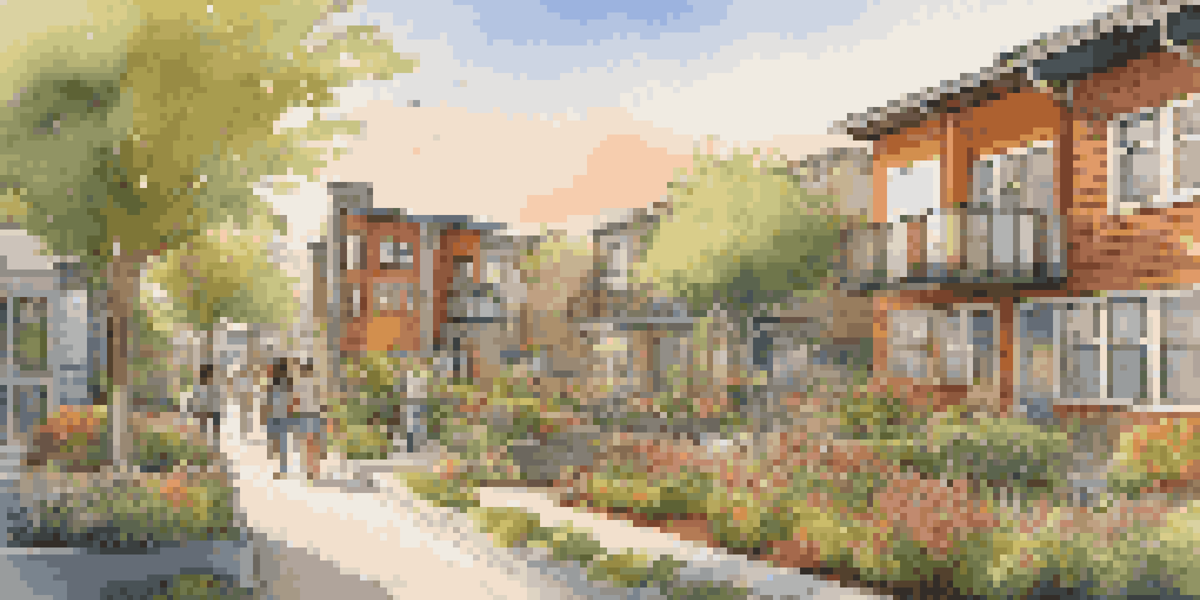 A sunset view of an eco-friendly urban neighborhood with diverse residents walking and well-maintained gardens.