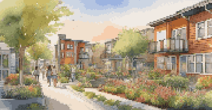 A sunset view of an eco-friendly urban neighborhood with diverse residents walking and well-maintained gardens.