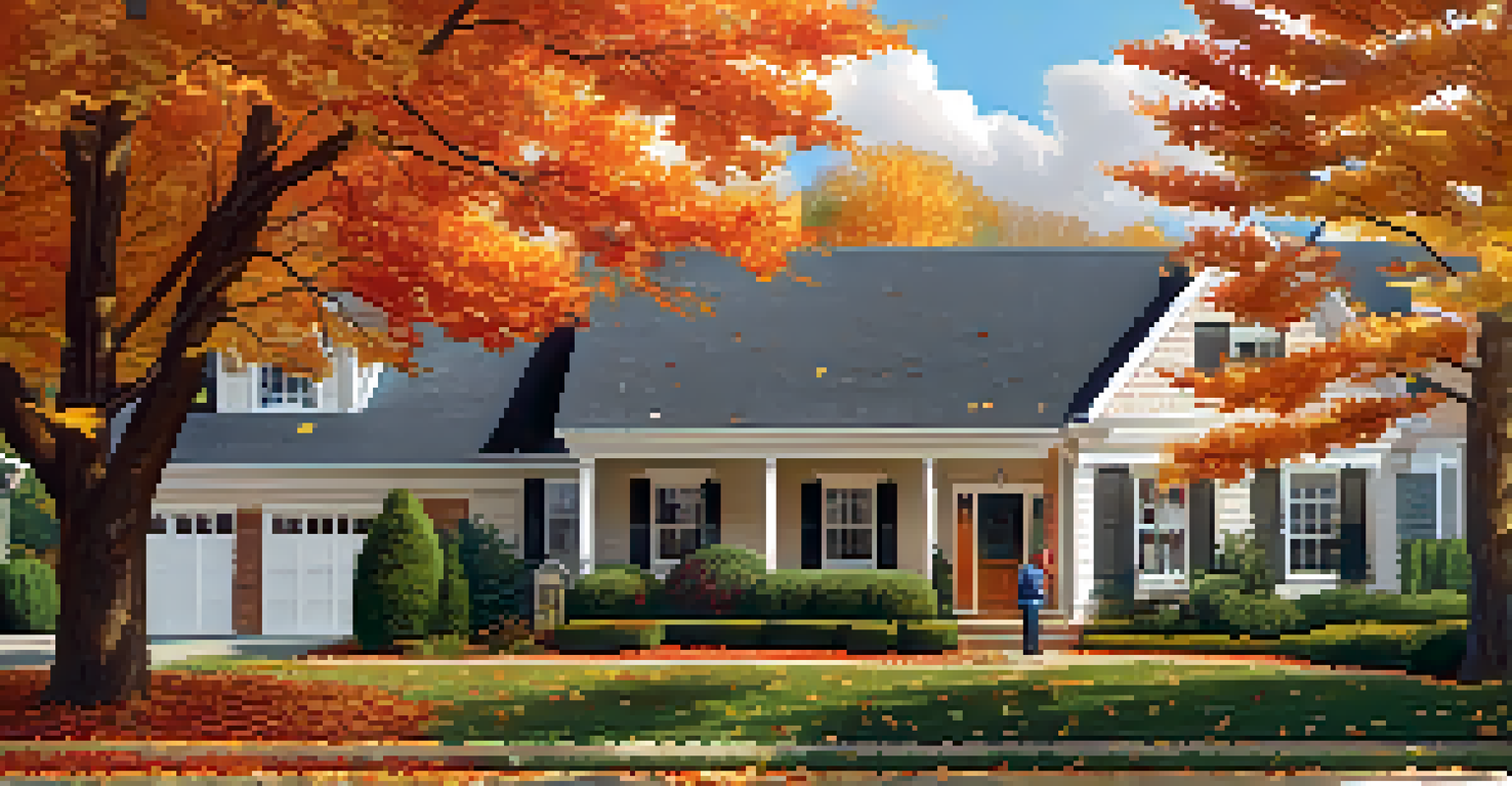 A homeowner cleaning gutters in a suburban neighborhood during autumn, surrounded by colorful trees and a clear sky.