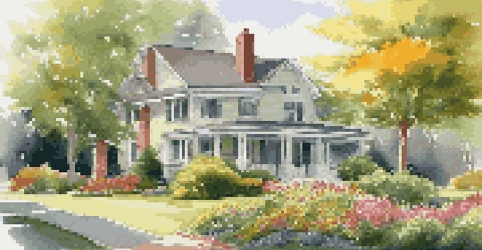 A landscaped front yard with a mix of trees and colorful flowers, illuminated by warm afternoon sunlight.