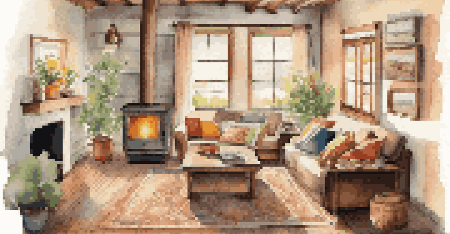 A cozy living room in a rural home with wooden furniture, warm lighting, and family photos, creating a welcoming atmosphere.