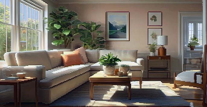 A cozy living room with a sofa, coffee table, and a potted plant, illuminated by warm sunlight coming through a window, with a rental agreement on the table.