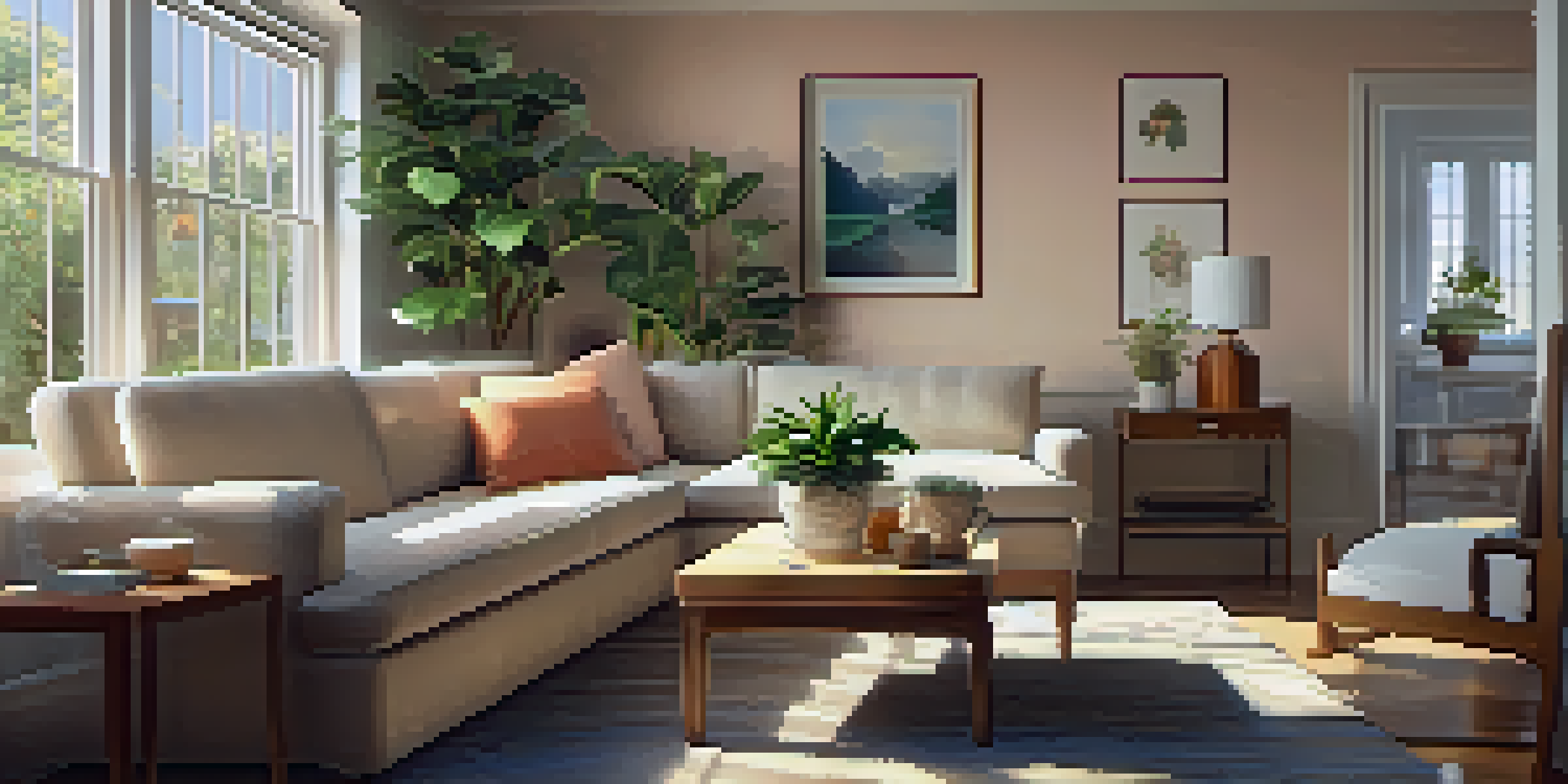 A cozy living room with a sofa, coffee table, and a potted plant, illuminated by warm sunlight coming through a window, with a rental agreement on the table.