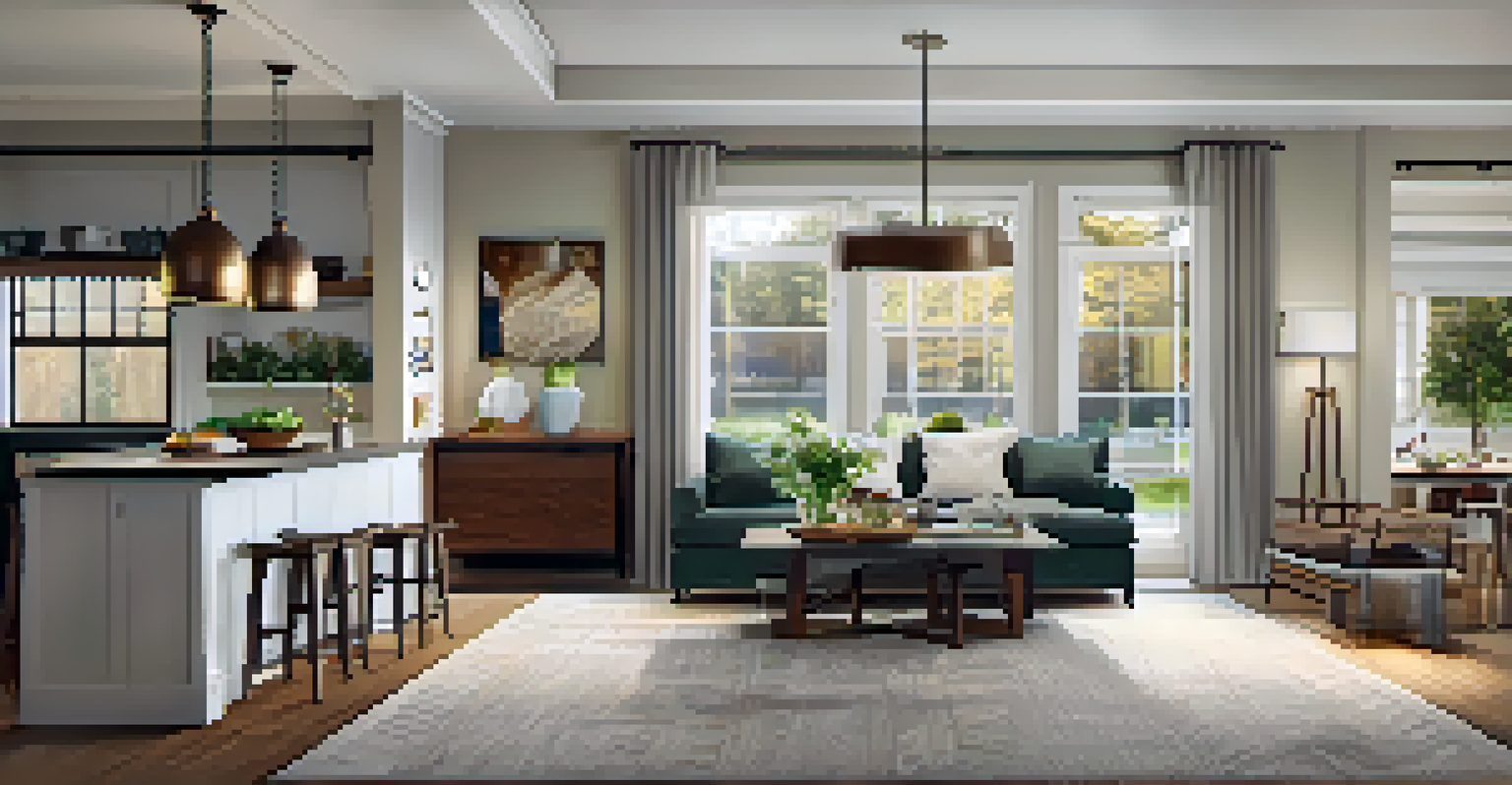 A cozy open concept home with defined zones for living, dining, and cooking, featuring modern furniture and warm lighting.